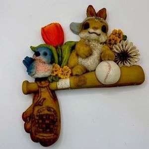 Baseball Bunny Tulip Bird Ceramic Figurine Plague 7.5”x8” Garden Sculpture
